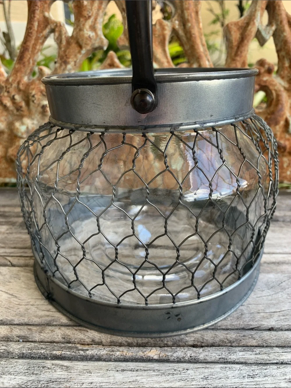 Vintage Gray Metal & Glass Jar Lantern with Arched Handle